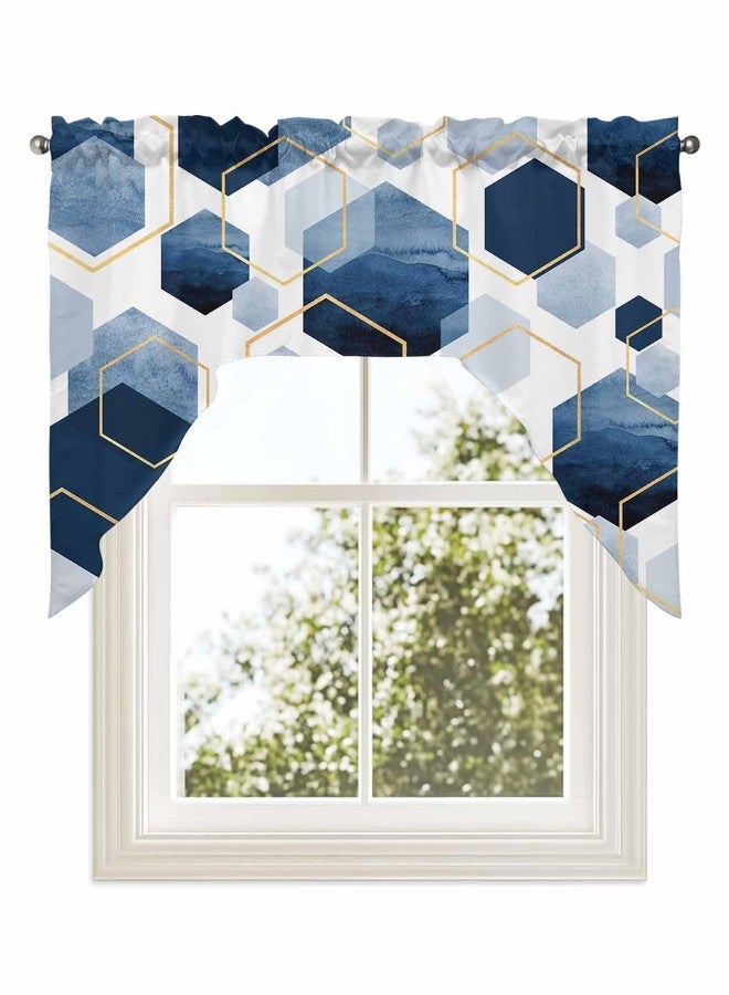 Jolunifun Blue Gold Swag Valance Kitchen Curtains, Rod Pocket Valance Curtain Panels for Bedroom Living Room Bathroom Cafe Windows, Gradual Modern Abstract Geometric White 56''x36'' - Image 1